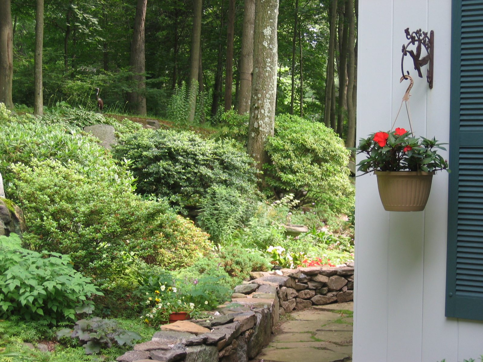A New Guinea Impatiens in the planter ... and of course, the rock wall