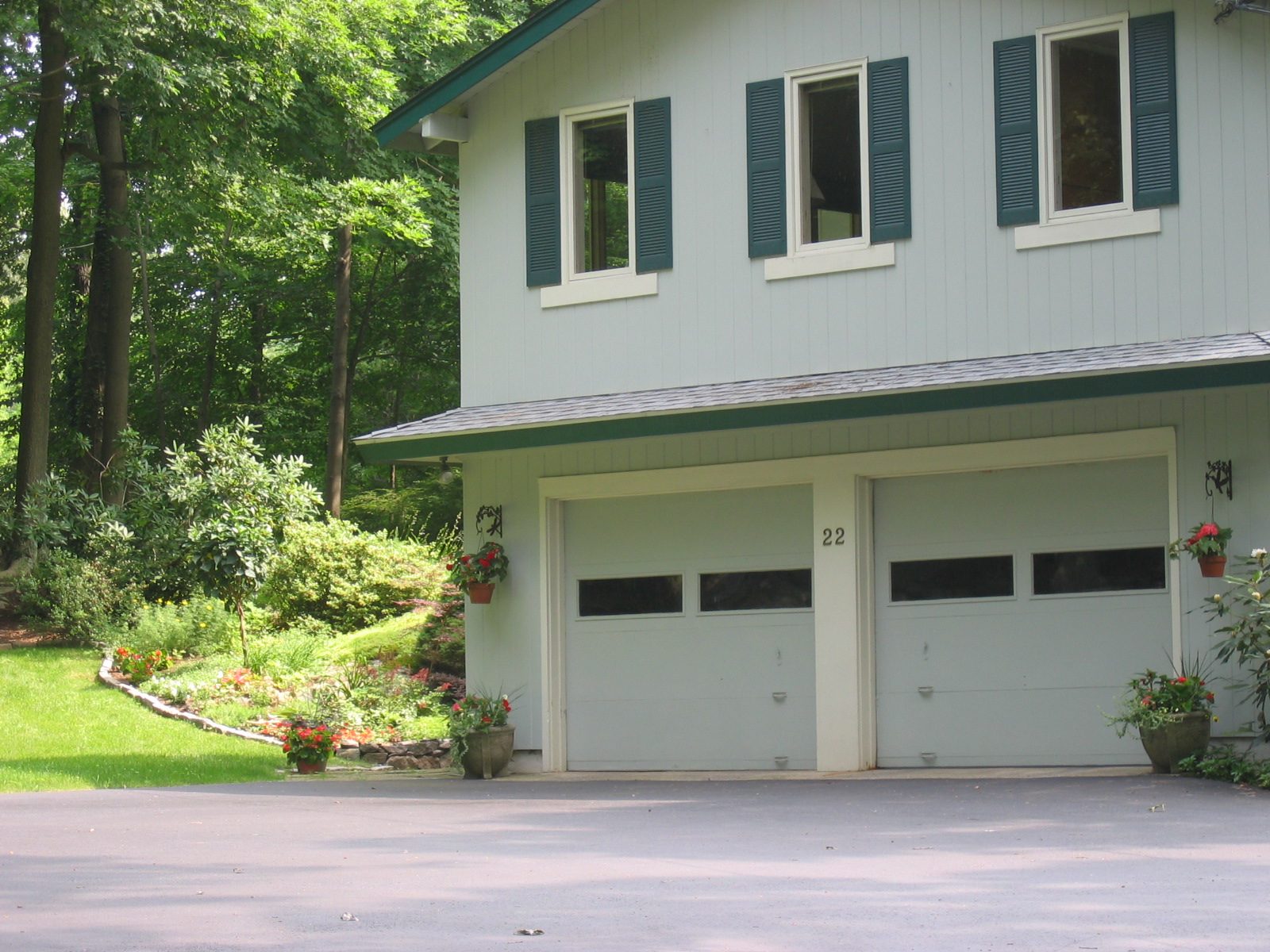 Our famous garage entrance ... but lots of potted plants