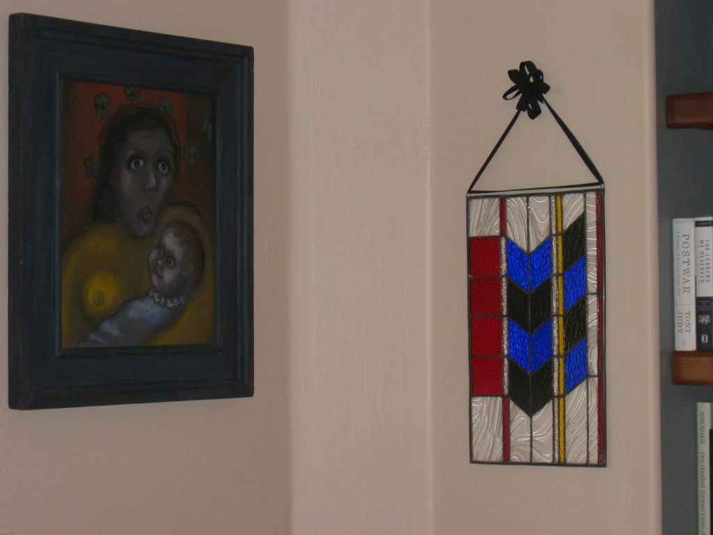 Figured a way to hang CG's stained glass with grosgrain ribbon and artistic 'knot'.