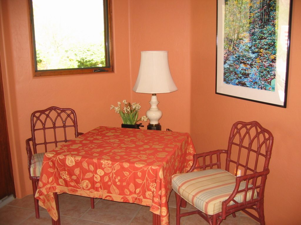 Current in-kitchen dining set-up.  This is the card table covered with a cloth Chris Koch had...