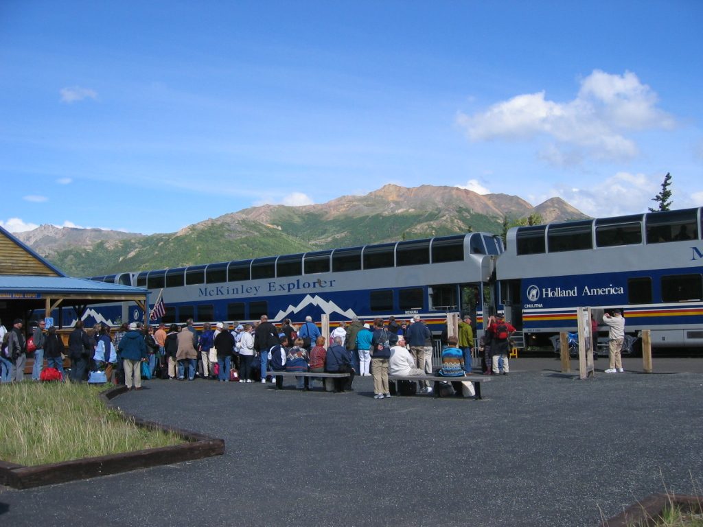 People at Denali station were waiting to board the train, which would continue to Fairbanks (and...