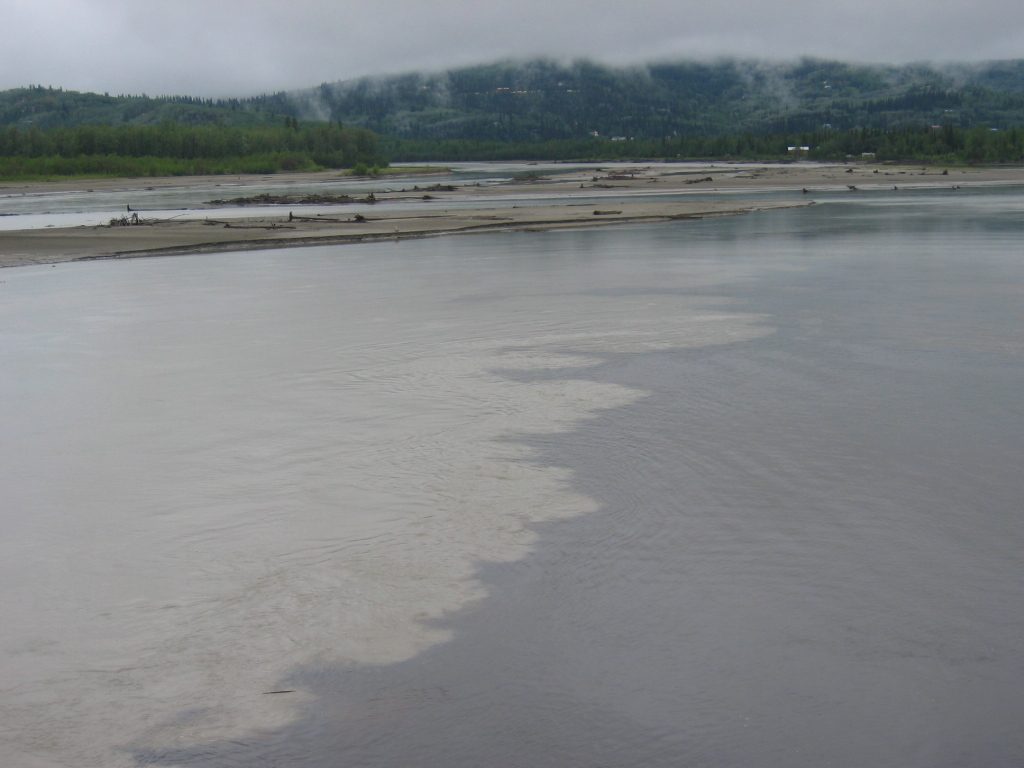 A spot along the river where clear water (on the right) merges with a glacier fed stream.
