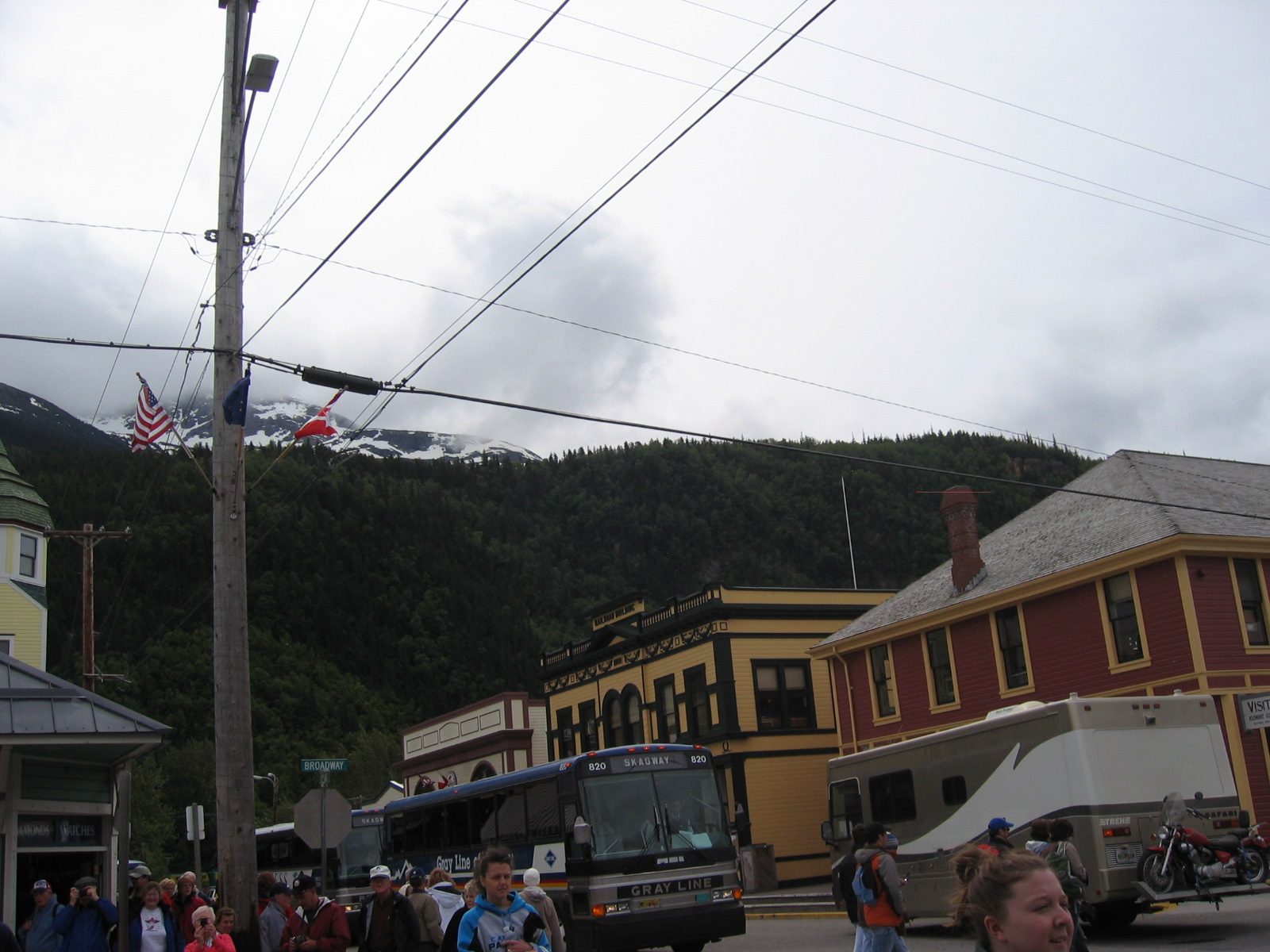 Down town Skagway, filled with tourists and tourist busses