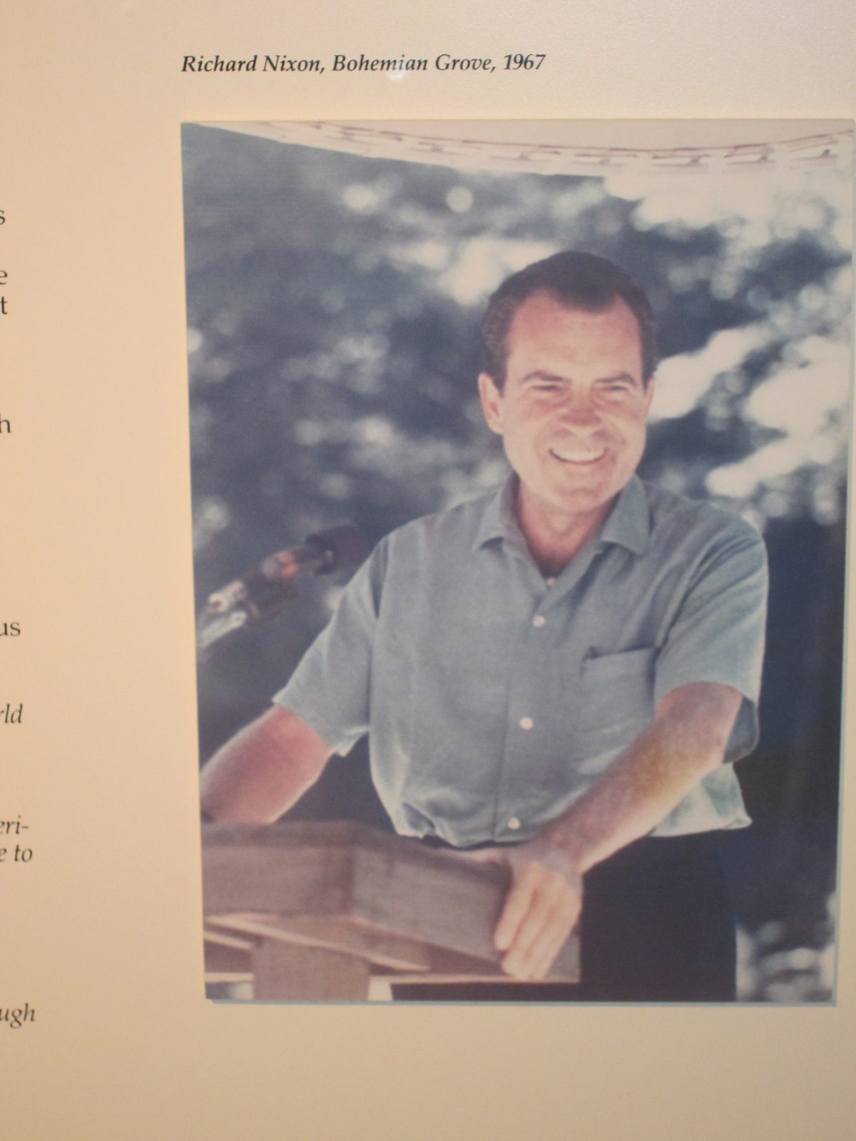 A picture of a picture.  Nixon addressing a group of people at Bohemian Grove in 1967.  He...