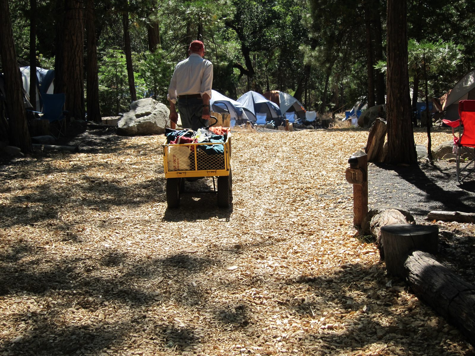 After hauling this stuff down hill, and an empty cart back, we ditched the cart which was truly...