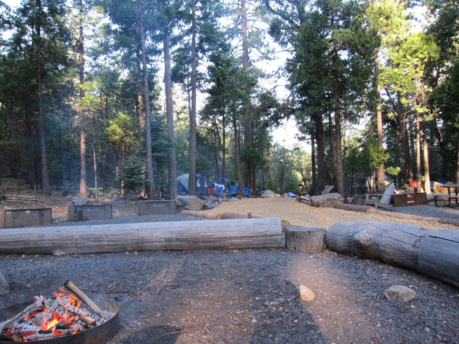 Early morning in the campsite.  Our tent is just right of center at the very back of the photo. ...