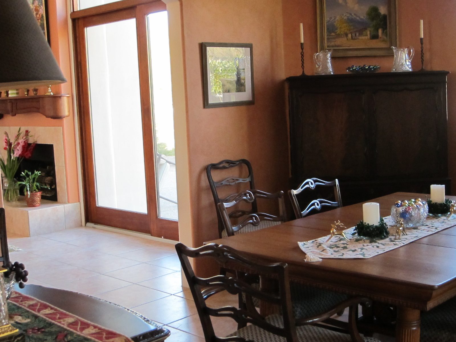 Dining room table ready to be set for six.