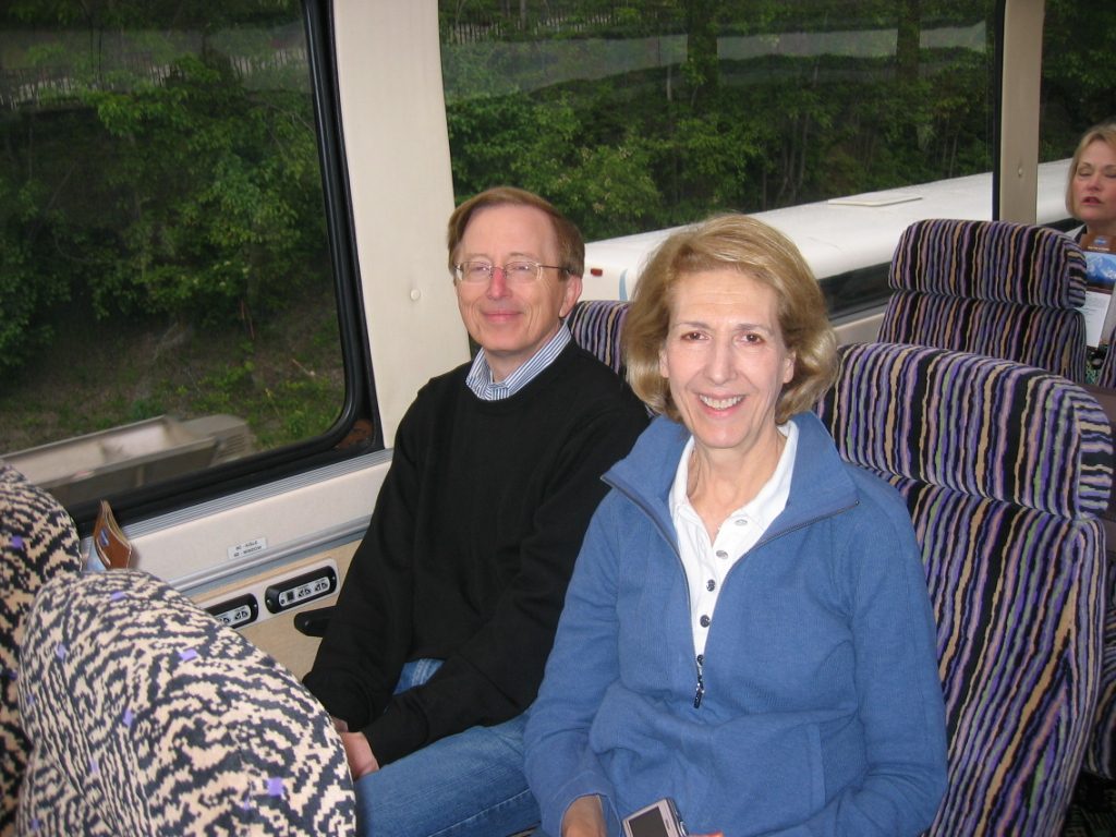 On the train leaving Anchorage, Judy and Alan look ready for the adventure.