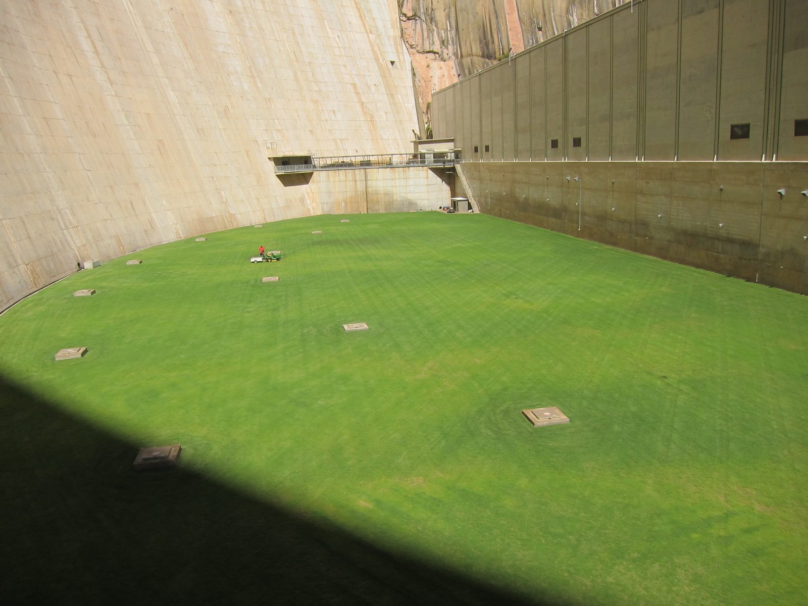 The grass (see the guy mowing)is primarily to keep dust and sand from blowing into the turbines...