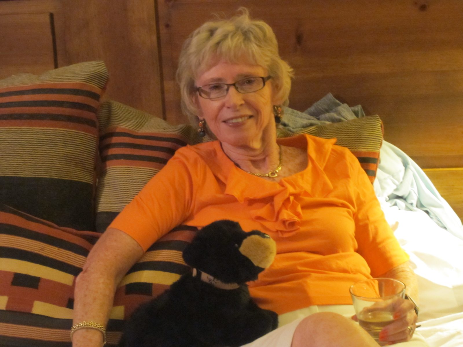 Joan and our bear at the 'polish off the wine bottles' after-dinner party.  Off to Hilton Head...