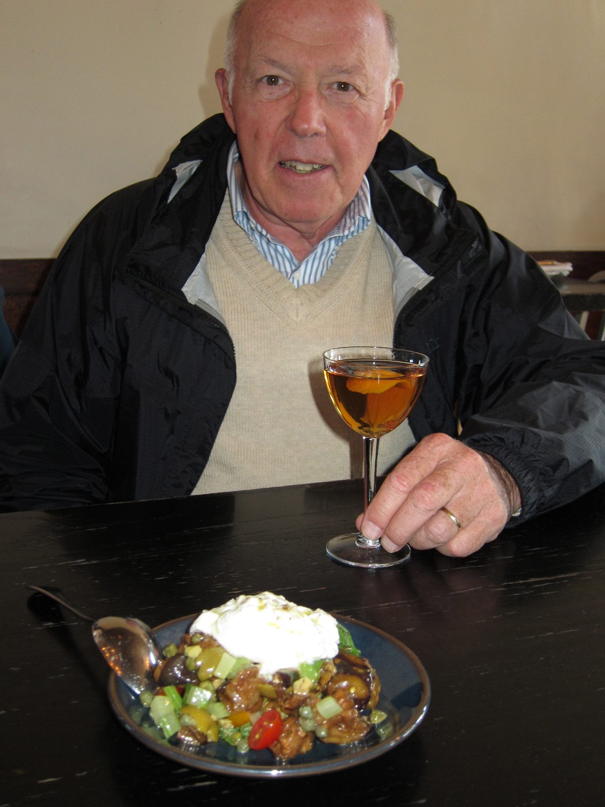 Dad enjoying a sip of his Rye-based Monte Carlo at Beretta along with the Eggplant Caponata...