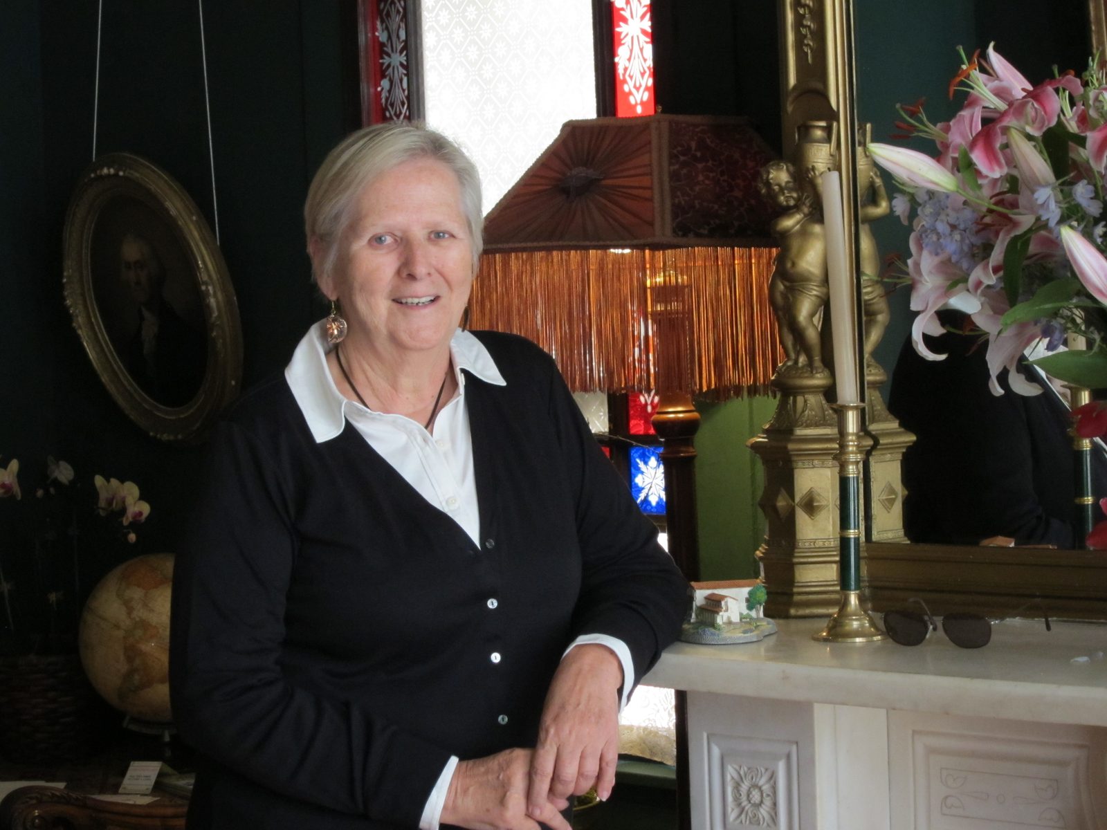 Meg looking happy in the Parlor before going out for birthday dinner at RN 74.