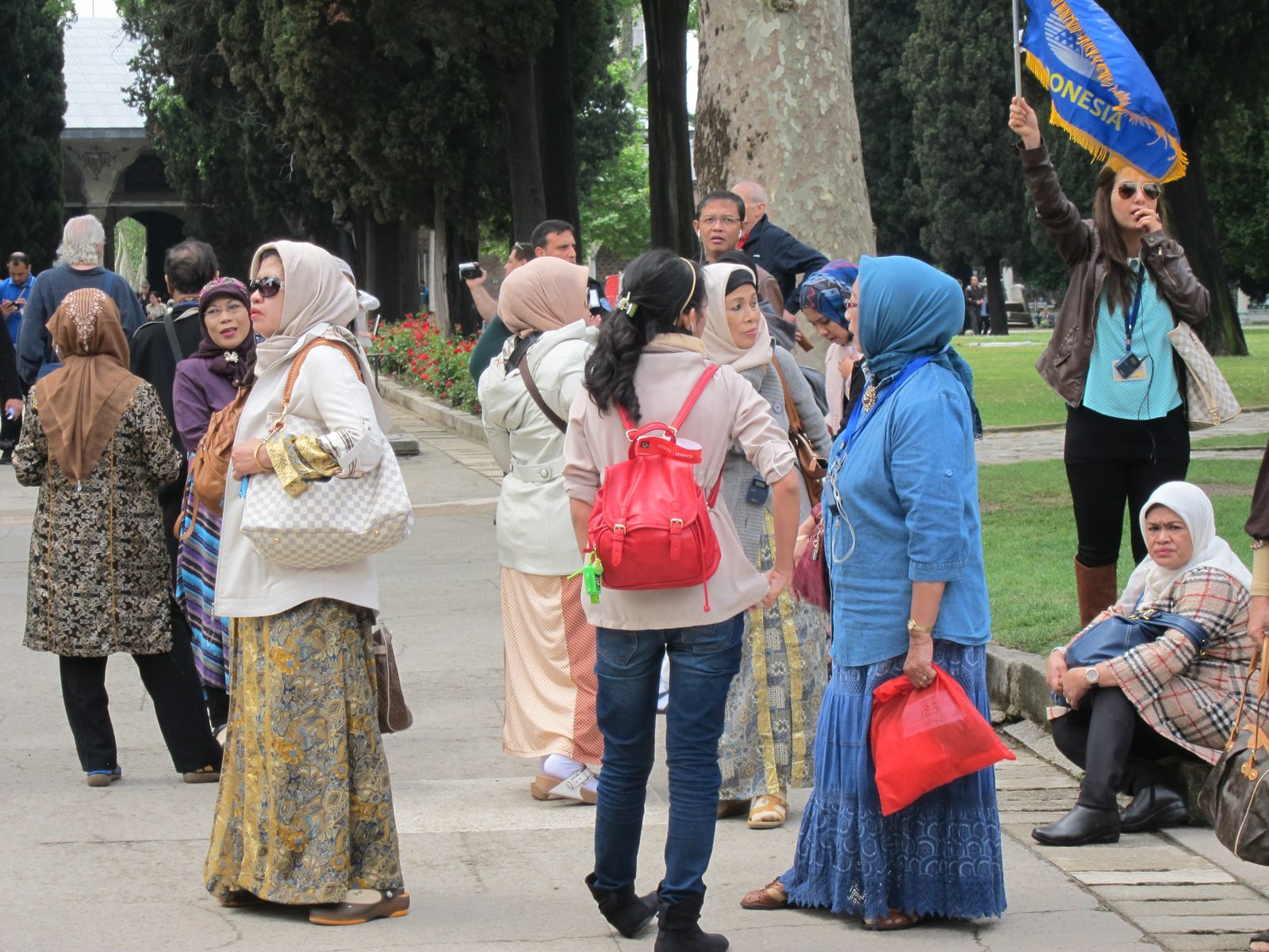 An unusual gathering of several headscarfed women.  I think they were from Indonesia and were...