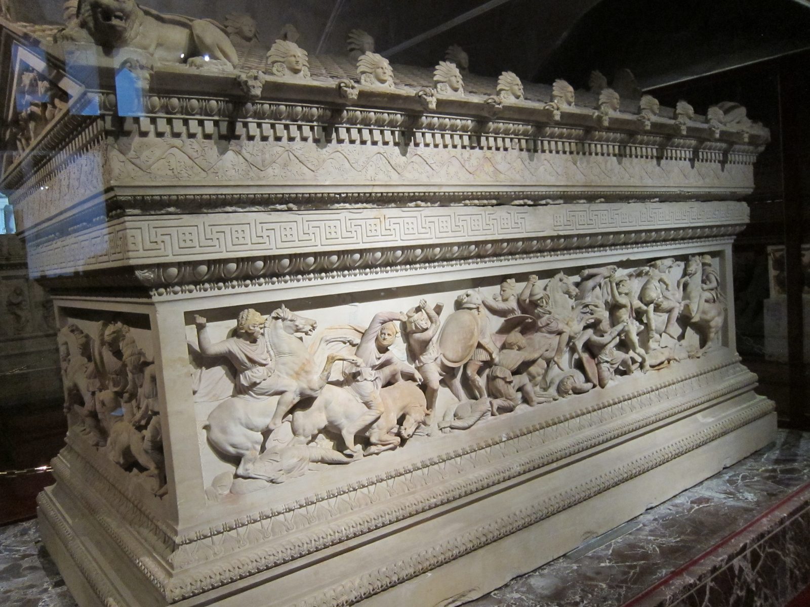 The sarcophagus of Alexander the Great with some of his exploits depicted.