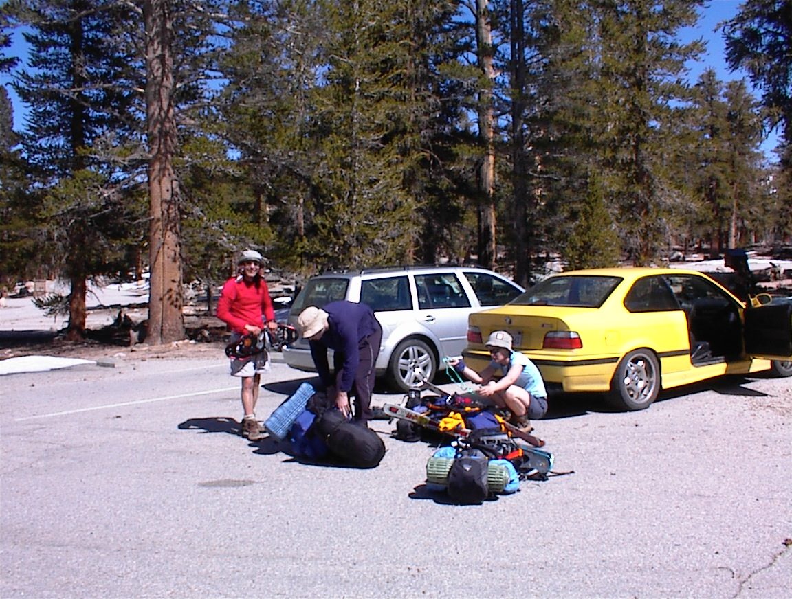 John, Trevor and Rachel sort gear before attempted bagging of Mt. Langley, 14,009 ft.
