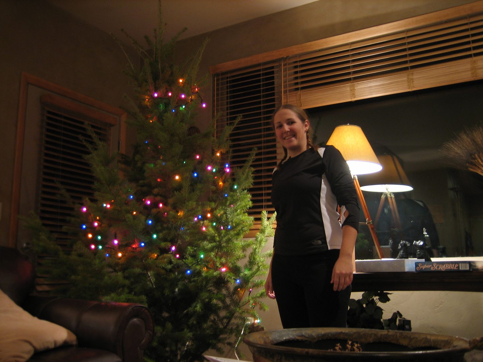 Catherine and the tree with all 100 multi-colored lights on it.