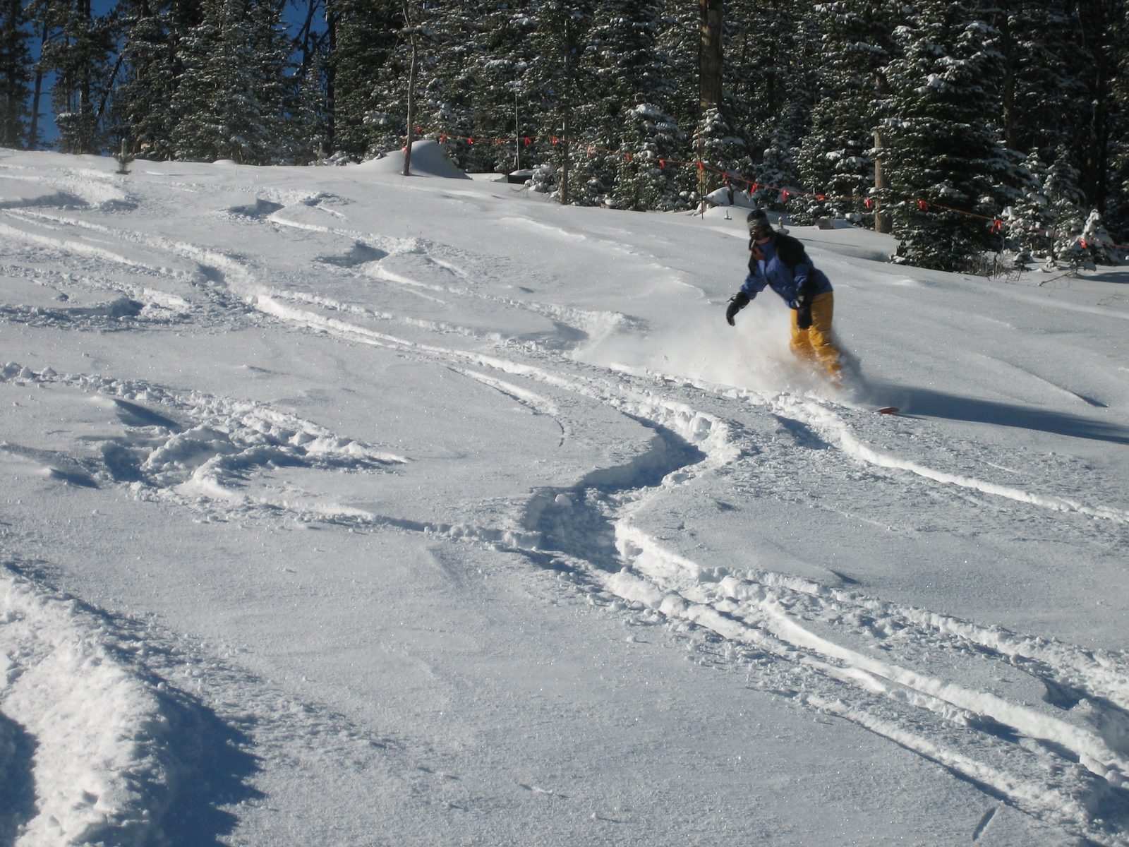 Catherine toe side on the aptly named Powder River trail.