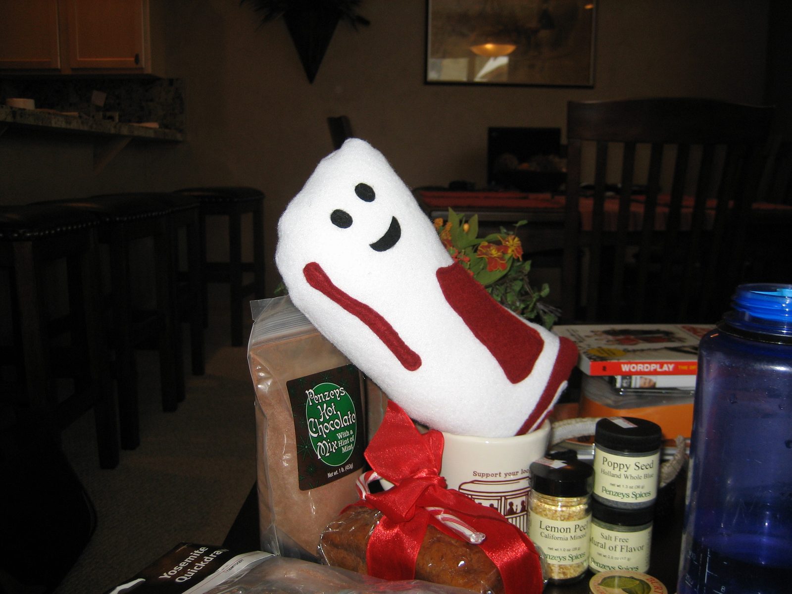 Bacon-y sits among some of Catherine's stocking stuffers (and really, really good banana bread).