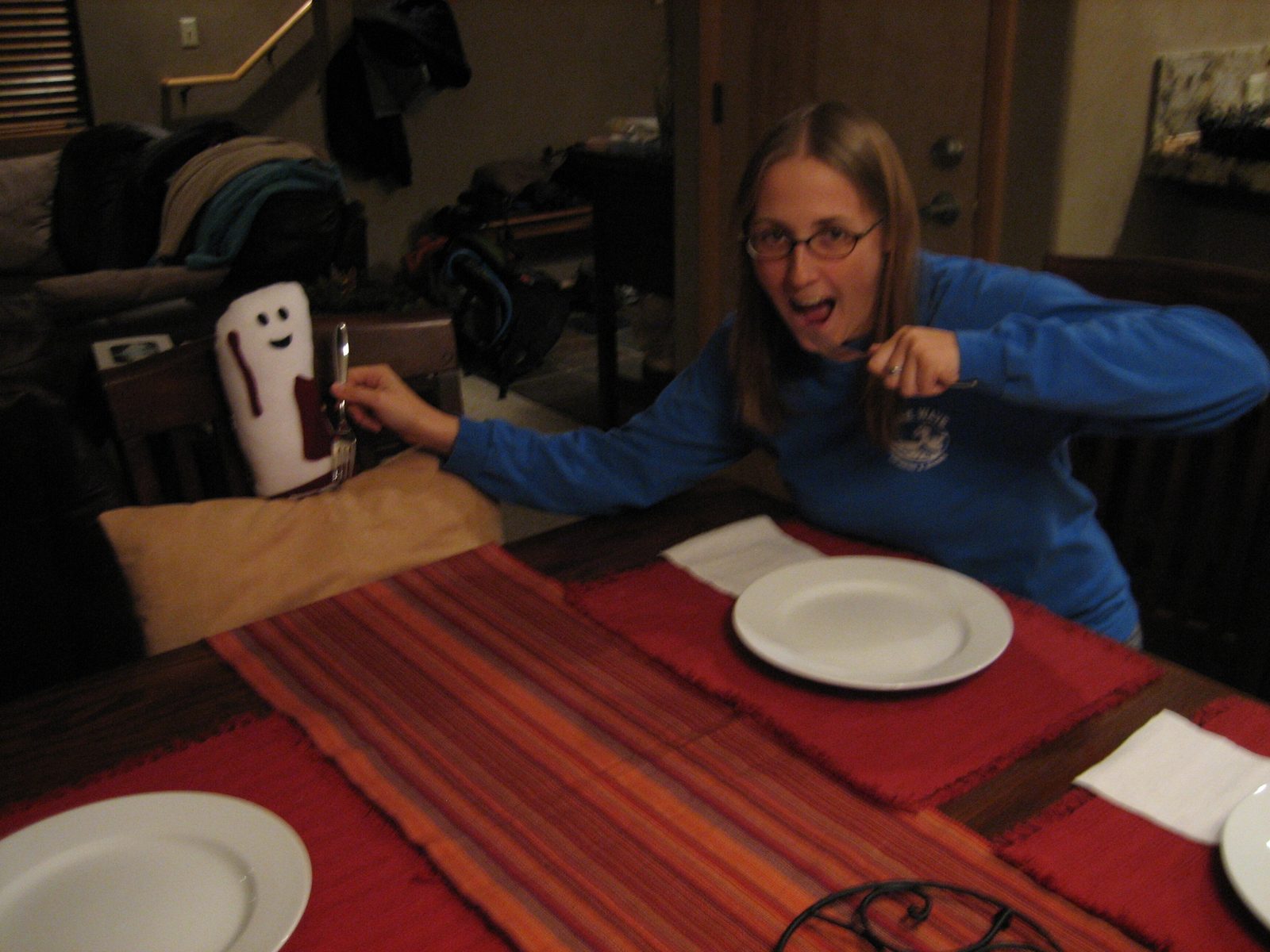 Unfortunately a touch blurry... Catherine and Bacon-y get ready for Christmas dinner.