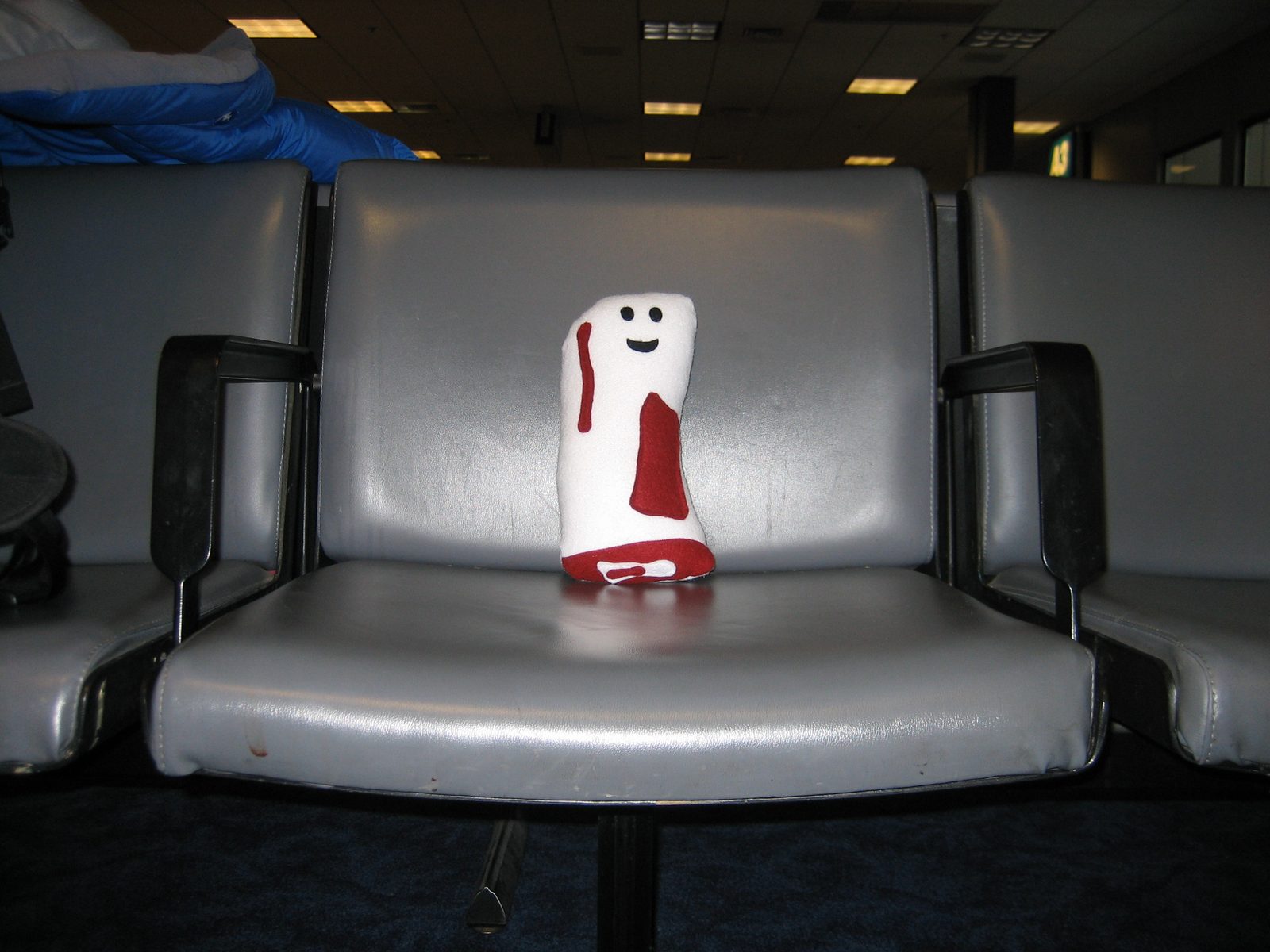 Bacon-y waits for his plane in Salt Lake City.