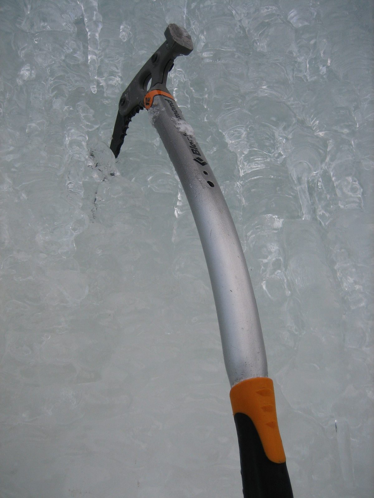 John's ice tool in the ice, taken about half way up Mummy-II.