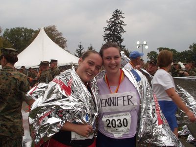 Anna and Jennifer, post-Marathon (the silver blanket-y...