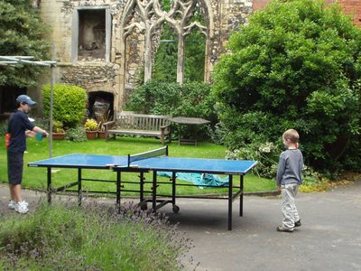 There was a ping-pong table set up outside the house we...