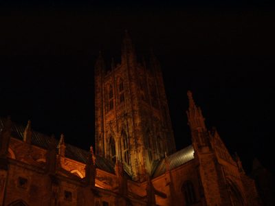 The cathedral lit up at night.