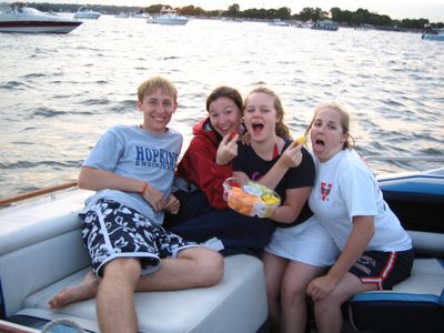 Kris, Kelly, Sharon, and Cat on the Sekse boat, being silly.