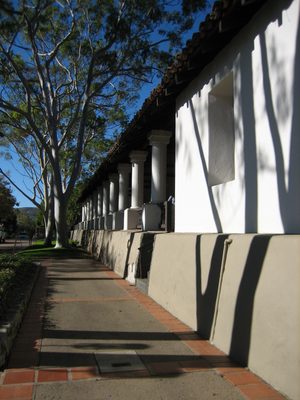 Looking down a colonnade at the Mission. 