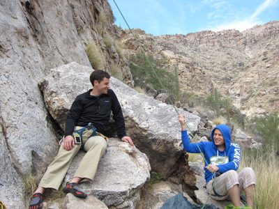 John and Jay at the bottom while Monica climbs.