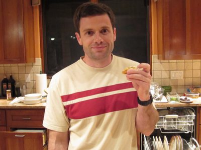 Jay enjoying a pretzel in the Quiet Canyon kitchen.