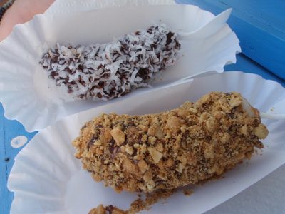 Dessert!  On the left, a half-banana with chocolate and...