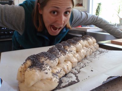 Catherine considers devouring the unbaked challah bread...