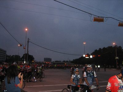 Starting line.  Note the masses of people straight...