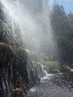 Looking through the spray at the bottom of the 100+ foot rappel.