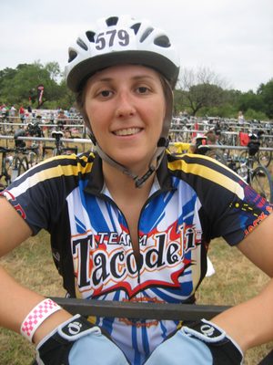 Catherine, prior to beginning the bike.  Transition is...