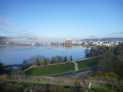 Jay trekked up the hill, and Capitol Lake can be seen...