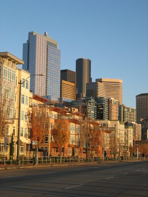 Looking at some of the buildings of the city from the waterfront.