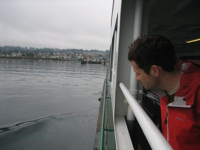 Jay looks towards Edmonds, WA, as we pull in to the dock.