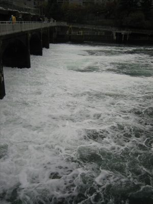 Water churning beyond the spillway.