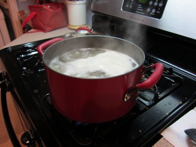 The pot of boiling water is ready.  Unlike the last time...