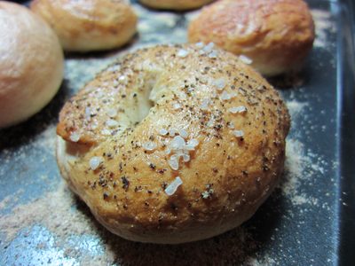 Close-up of one of the salt-and-pepper bagels.