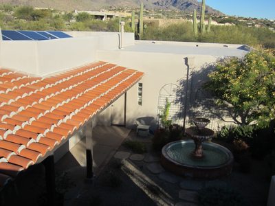 The front patio, complete with fountain.