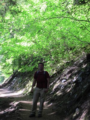 Jay in front of some maple-like trees that were...