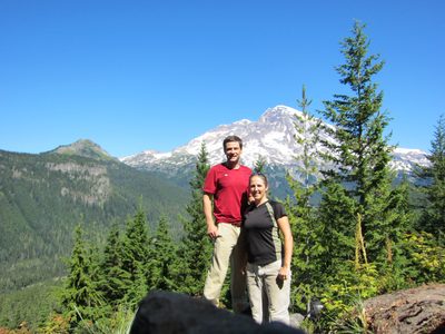 Jay, Catherine, Rainier, and the tip of the rock the...