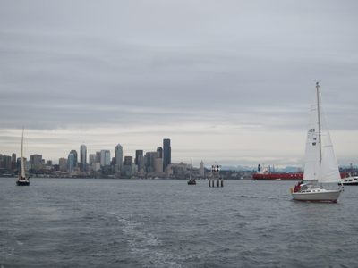 Sailboats, Duwamish Head marker, and downtown.  And the Cascades.