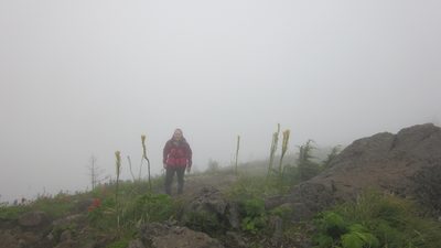 Hiking through the fog.