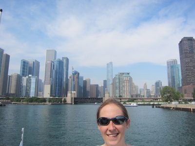 Catherine's photoshopped head on the Chicago skyline.