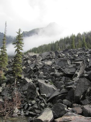 Looking up the boulder field.